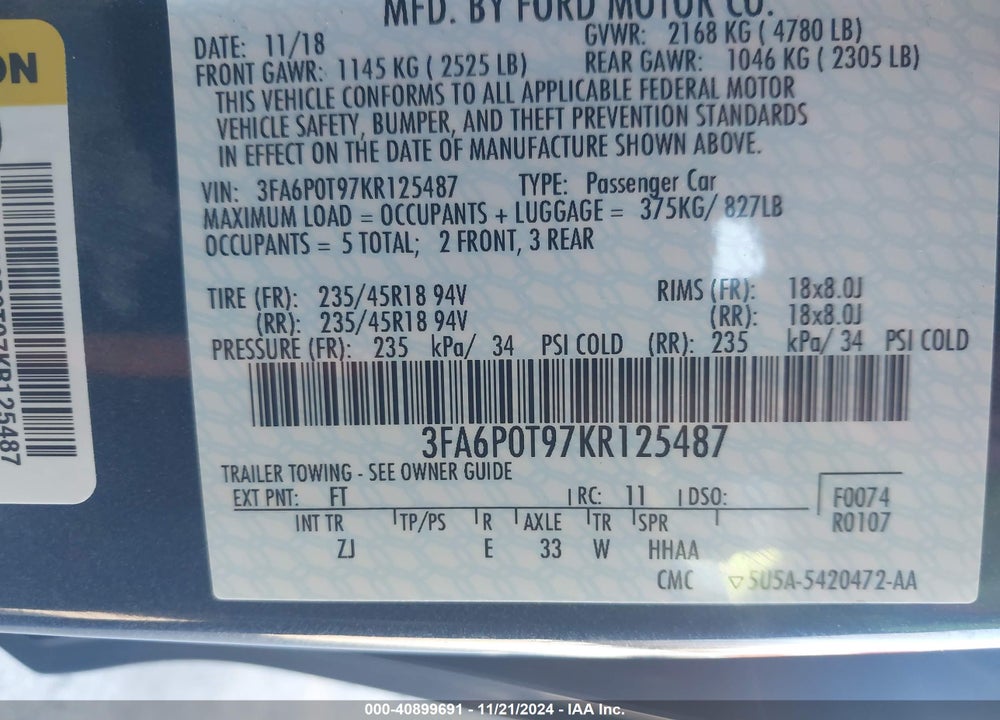 2019 FORD FUSION SE VIN: 3FA6P0T97KR125487