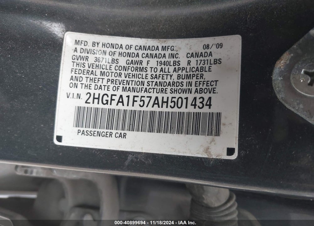 2010 HONDA CIVIC LX VIN: 2HGFA1F57AH501434