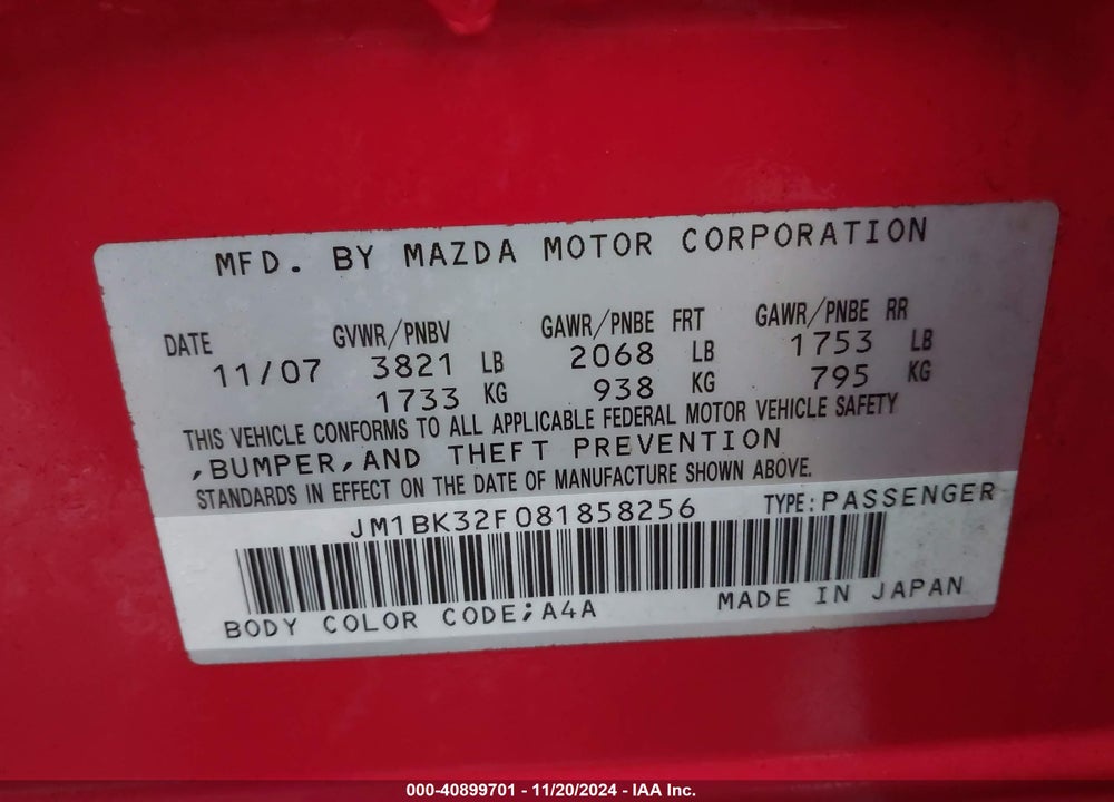 2008 MAZDA 3 I VIN: JM1BK32F081858256