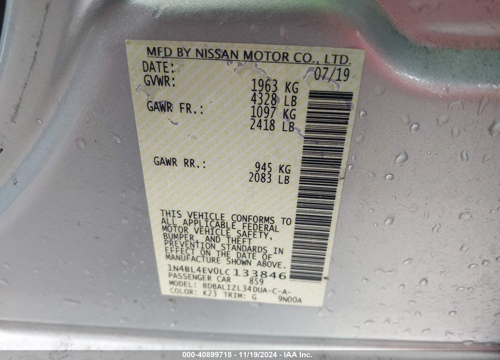 2020 NISSAN ALTIMA SL FWD VIN: 1N4BL4EV0LC133846