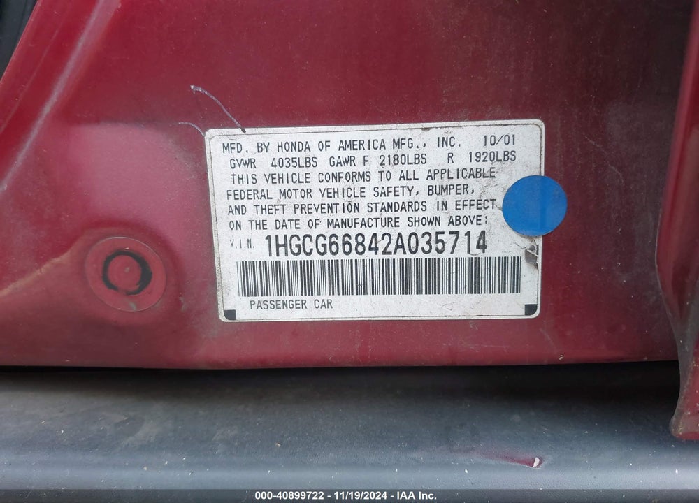 2002 HONDA ACCORD 2.3 EX/2.3 SE VIN: 1HGCG66842A035714