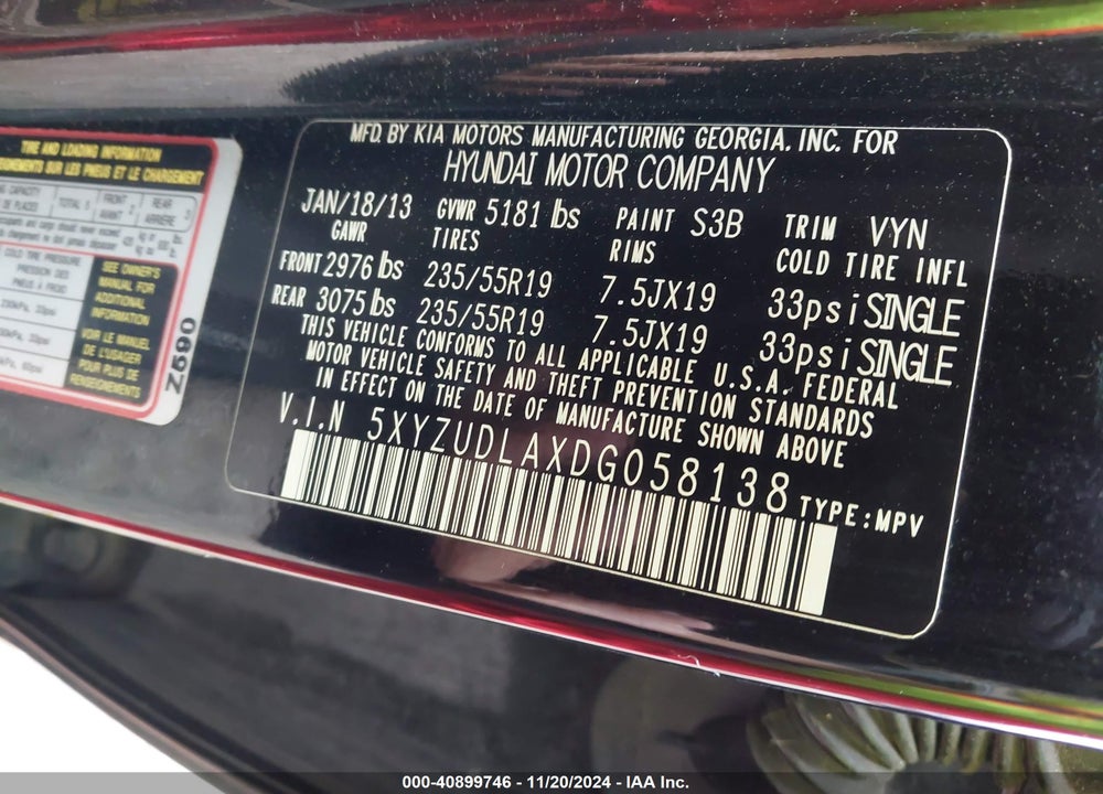 2013 HYUNDAI SANTA FE SPORT 2.0T VIN: 5XYZUDLAXDG058138