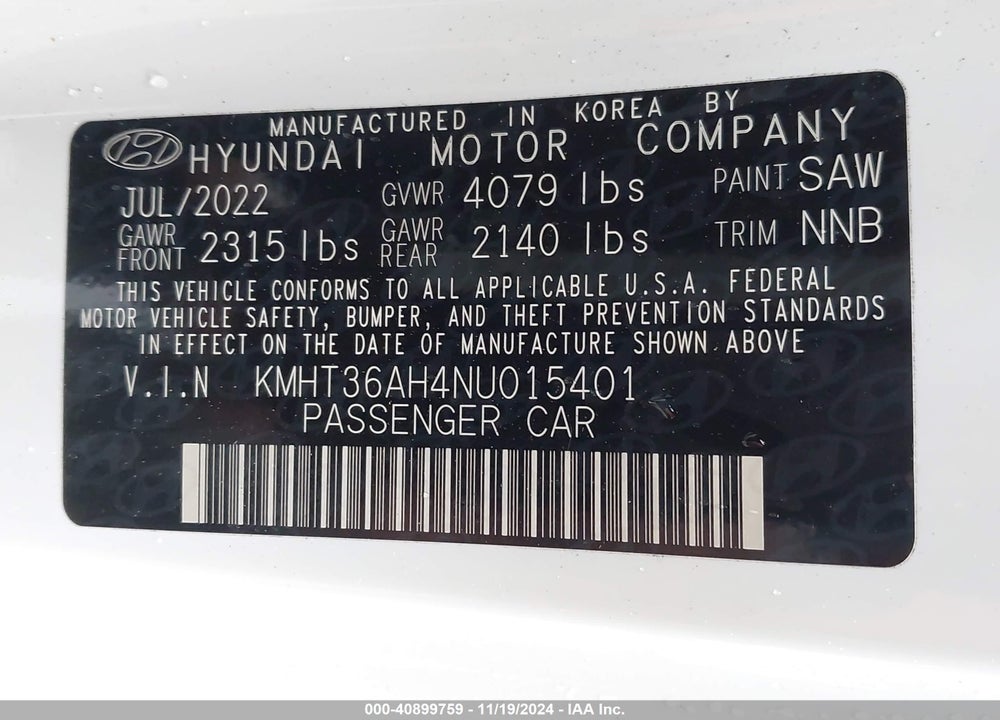 2022 HYUNDAI VELOSTER N VIN: KMHT36AH4NU015401