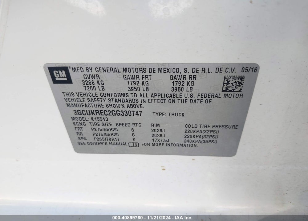2016 CHEVROLET SILVERADO 1500 2LT VIN: 3GCUKREC2GG330747