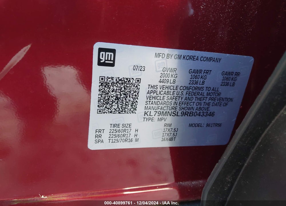 2024 CHEVROLET TRAILBLAZER AWD LS VIN: KL79MNSL9RB043346