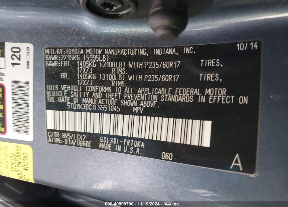 2015 TOYOTA SIENNA XLE LIMITED VIN: 5TDYK3DC1FS551045