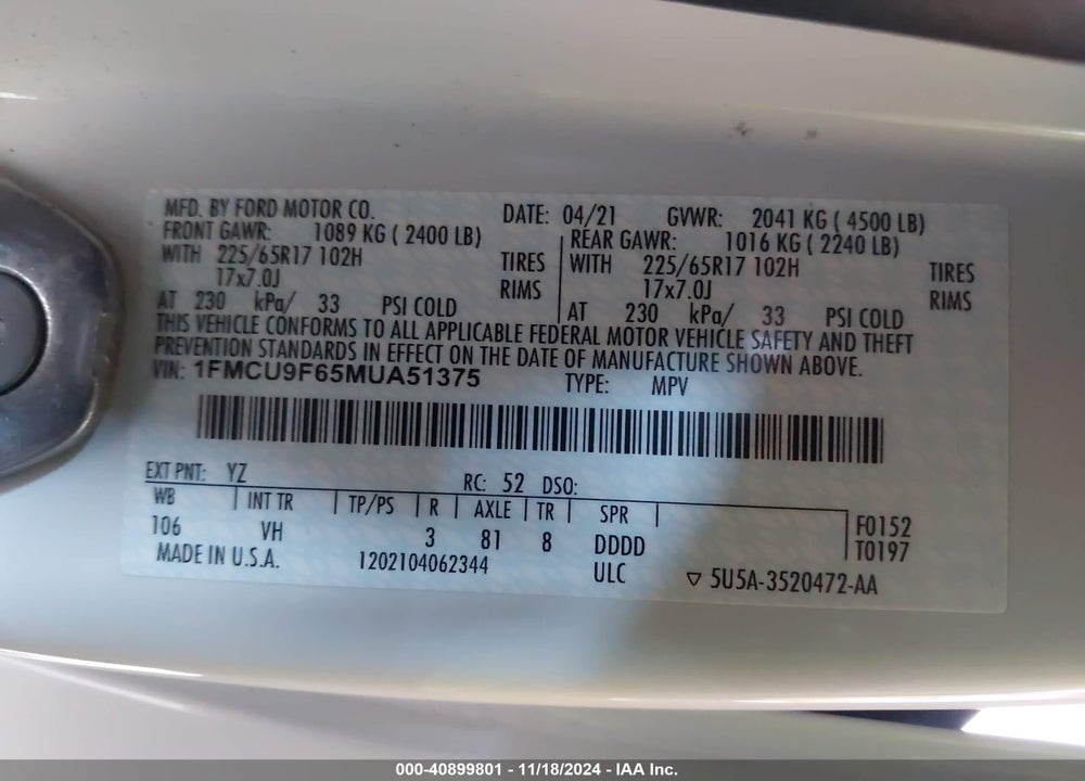 2021 FORD ESCAPE S VIN: 1FMCU9F65MUA51375