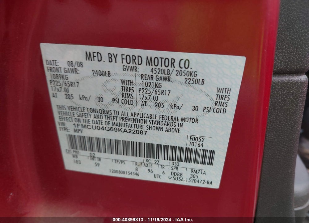 2009 FORD ESCAPE LIMITED VIN: 1FMCU04G69KA22087