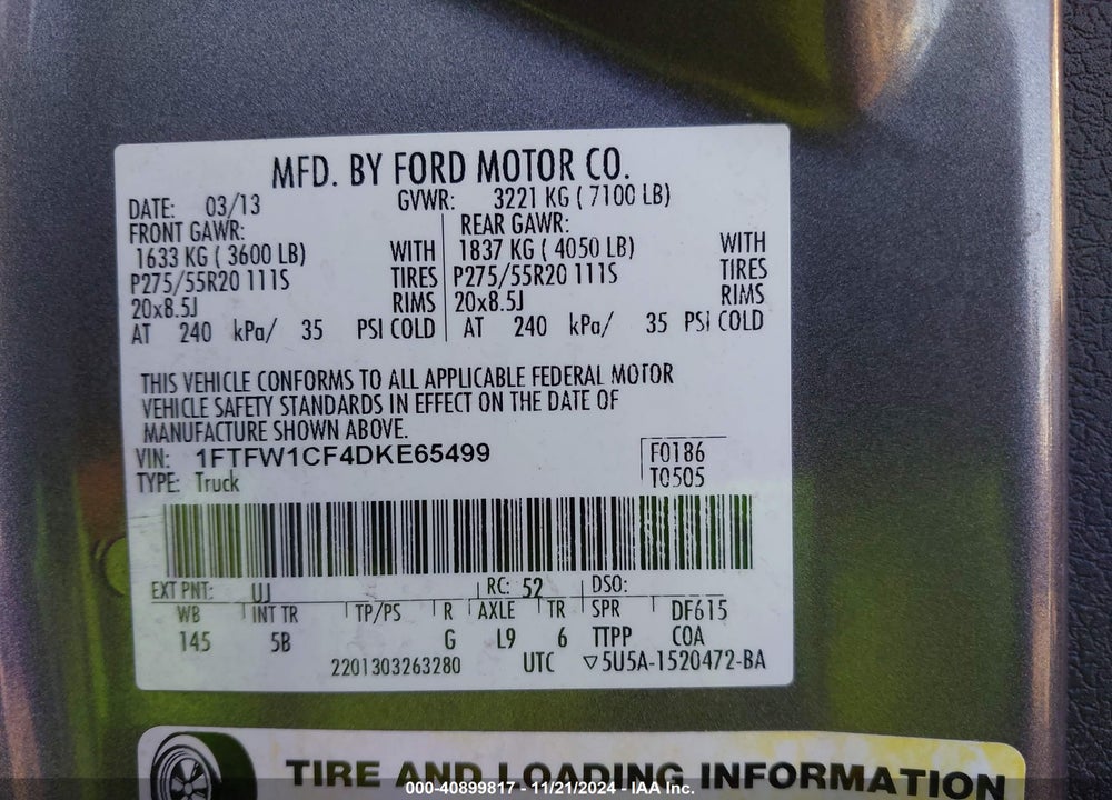 2013 FORD F-150 FX2 VIN: 1FTFW1CF4DKE65499