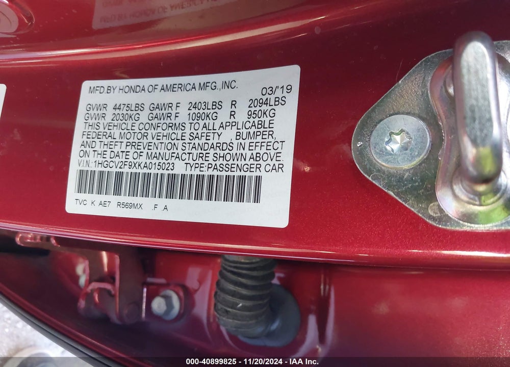 2019 HONDA ACCORD TOURING 2.0T VIN: 1HGCV2F9XKA015023