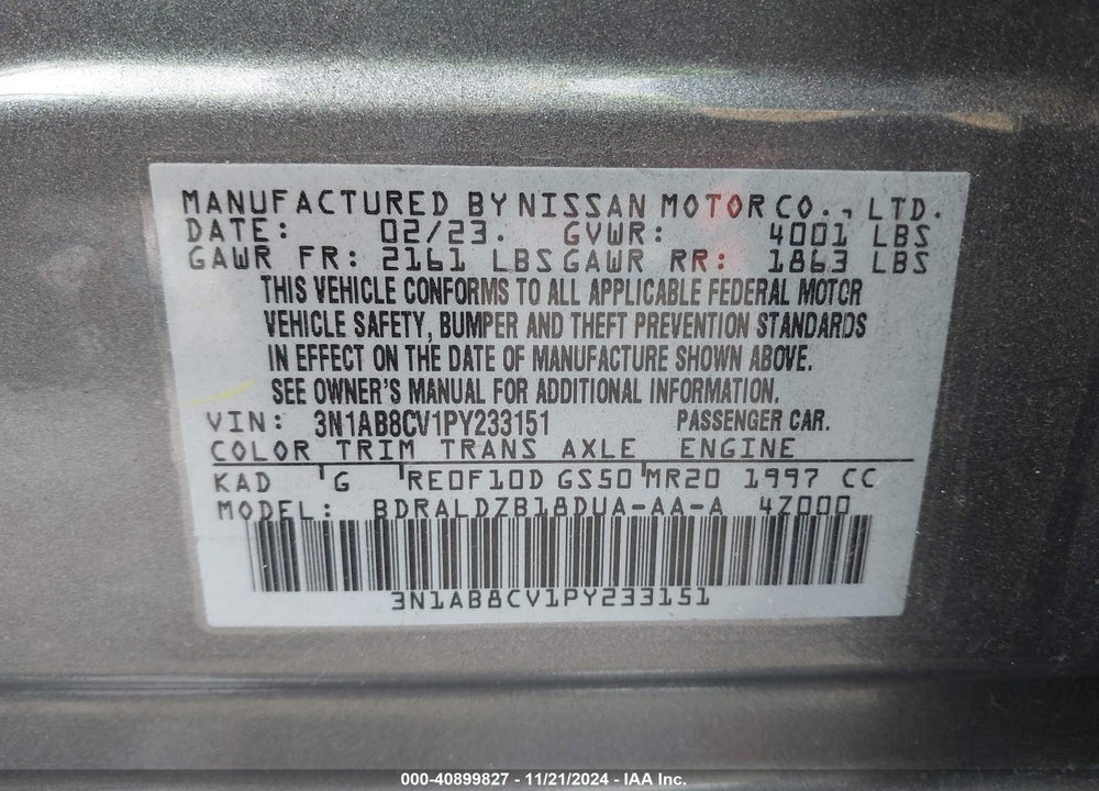 2023 NISSAN SENTRA VIN: 3N1AB8CV1PY233151