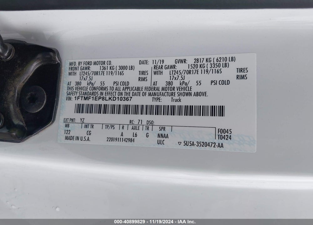 2020 FORD F-150 XL VIN: 1FTMF1EP8LKD10367