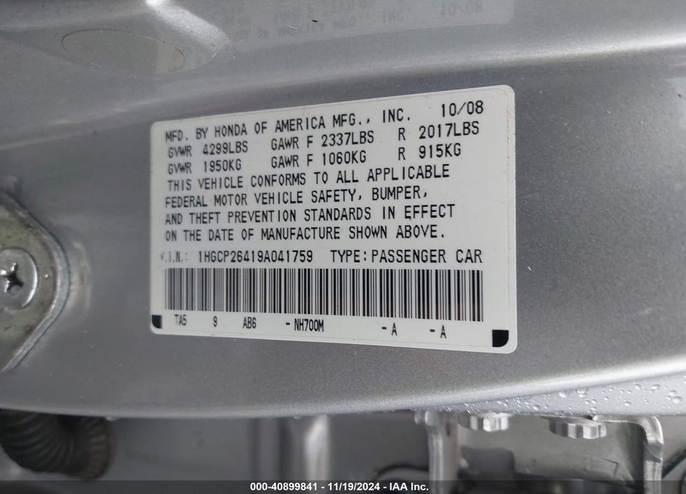 2009 HONDA ACCORD 2.4 LX-P VIN: 1HGCP26419A041759