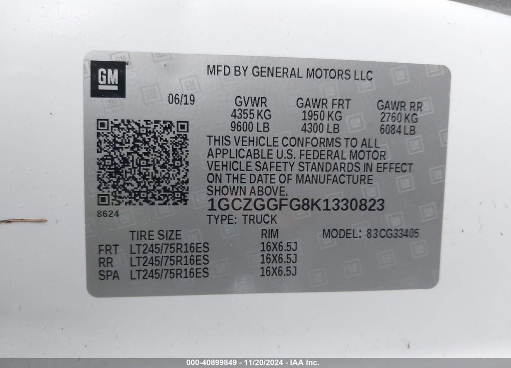 2019 CHEVROLET EXPRESS 3500 WORK VAN VIN: 1GCZGGFG8K1330823