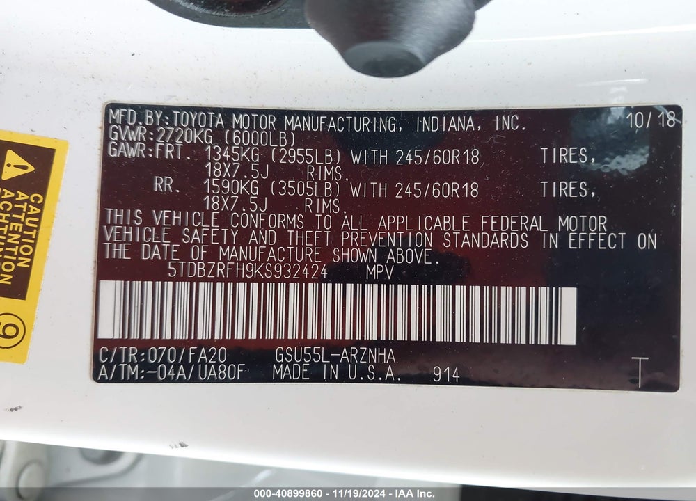 2019 TOYOTA HIGHLANDER LE PLUS VIN: 5TDBZRFH9KS932424