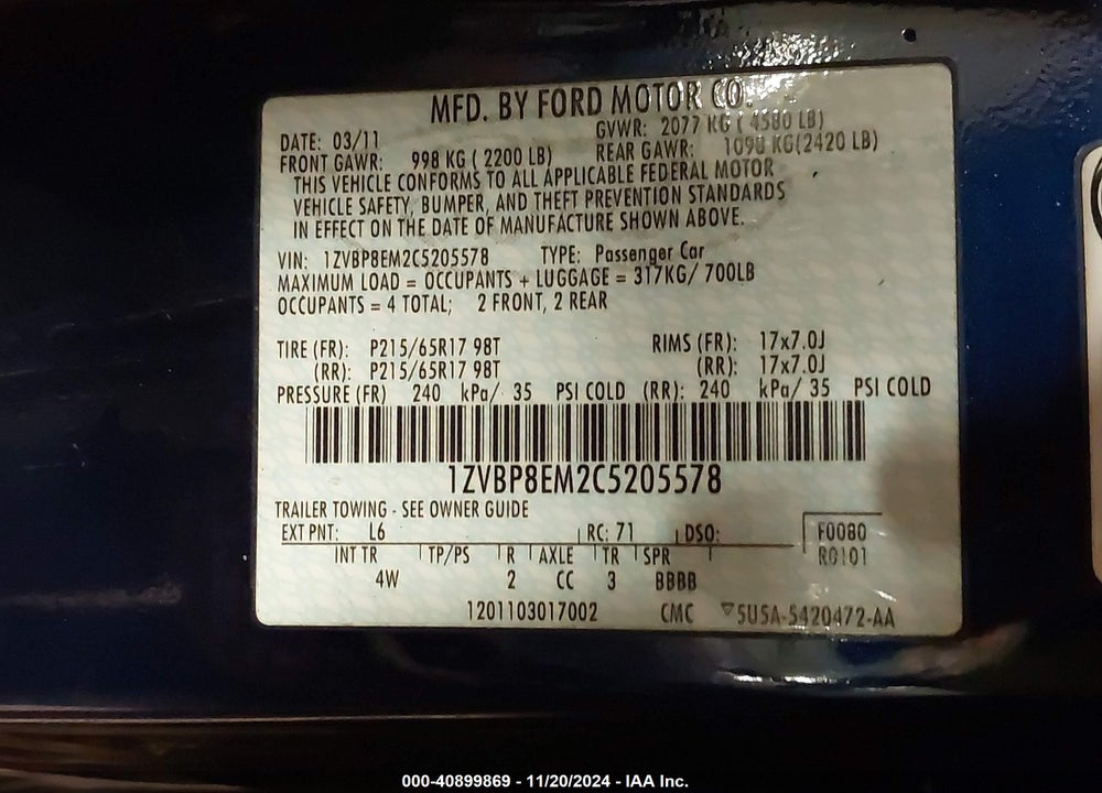 2012 FORD MUSTANG VIN: 1ZVBP8EM2C5205578