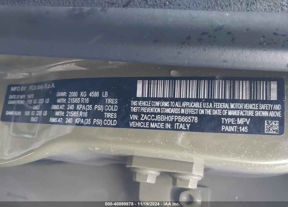 2015 JEEP RENEGADE LATITUDE VIN: ZACCJBBH0FPB66578