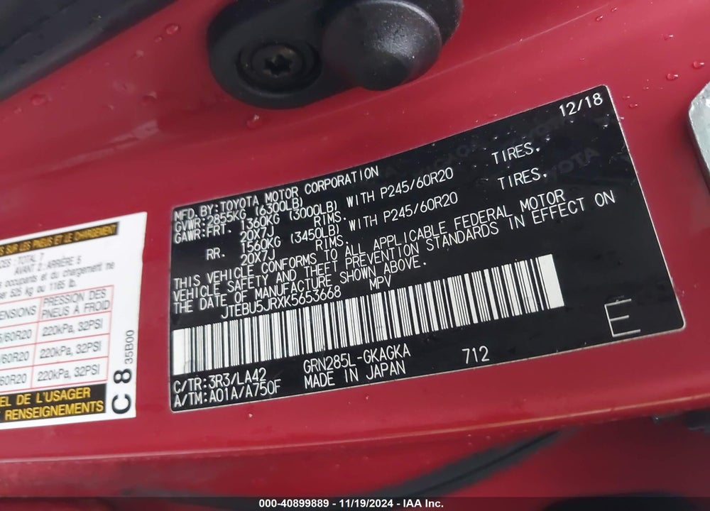 2019 TOYOTA 4RUNNER LIMITED VIN: JTEBU5JRXK5653668