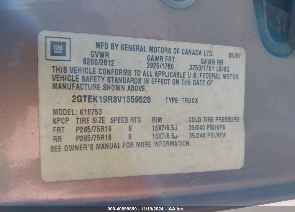 1997 GMC SIERRA 1500 SL WIDESIDE VIN: 2GTEK19R3V1559528