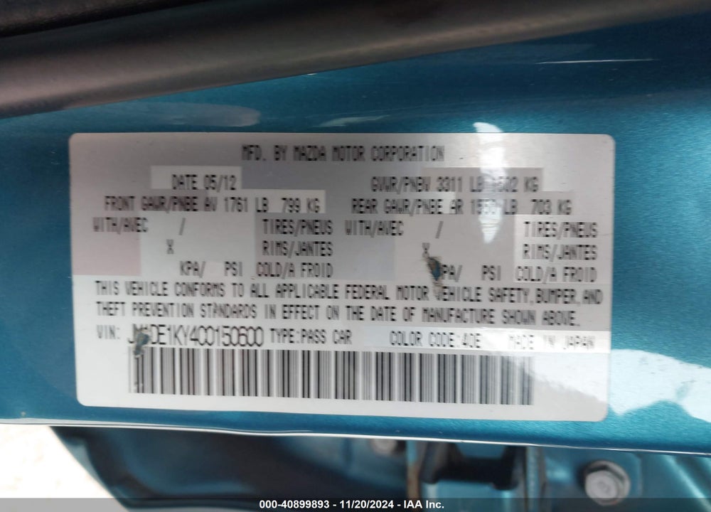 2012 MAZDA 2 SPORT VIN: JM1DE1KY4C0150600