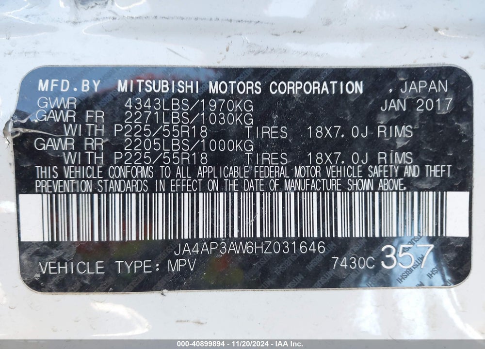 2017 MITSUBISHI OUTLANDER SPORT 2.4 SE VIN: JA4AP3AW6HZ031646