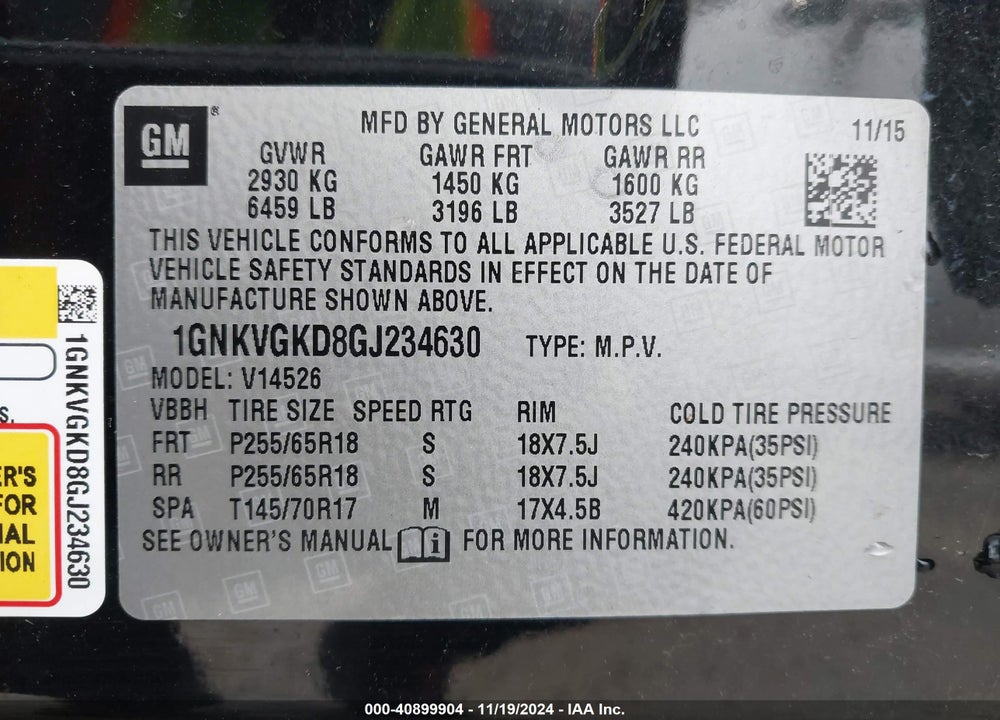 2016 CHEVROLET TRAVERSE 1LT VIN: 1GNKVGKD8GJ234630