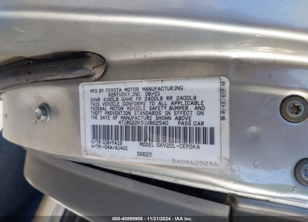 2001 TOYOTA CAMRY CE VIN: 4T1BG22K51U862540