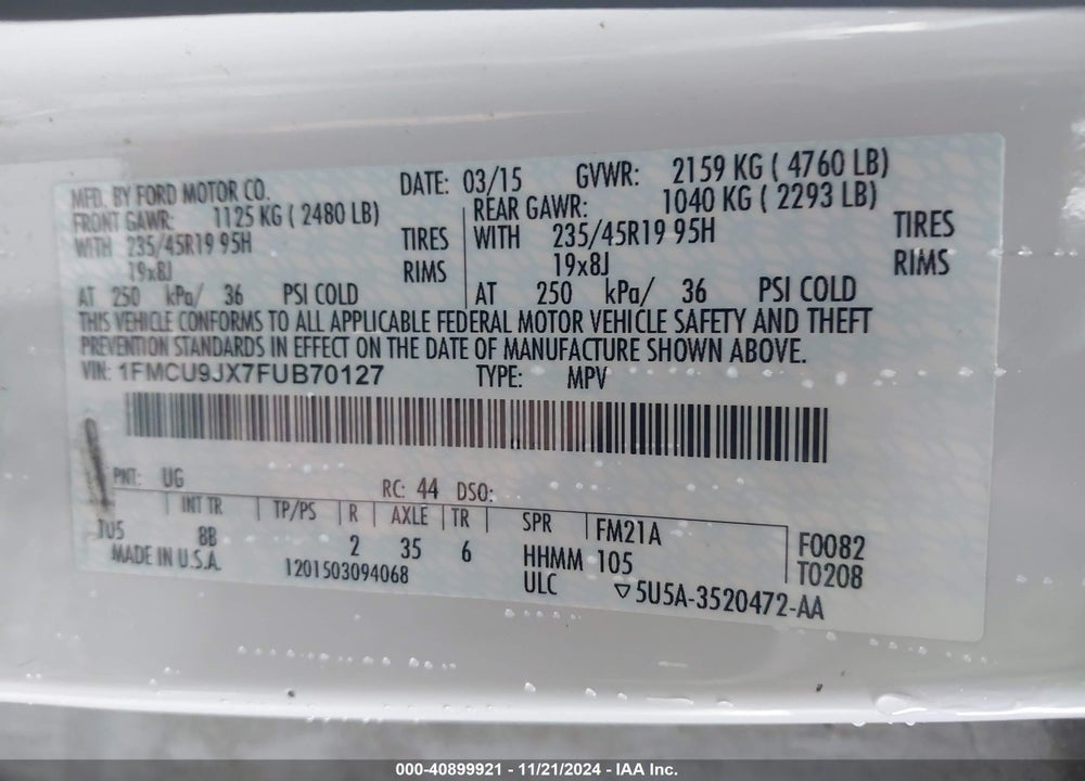 2015 FORD ESCAPE TITANIUM VIN: 1FMCU9JX7FUB70127