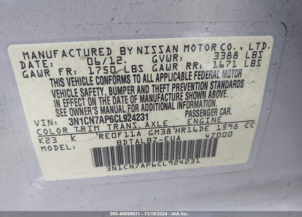 2012 NISSAN VERSA 1.6 SV VIN: 3N1CN7AP6CL924231