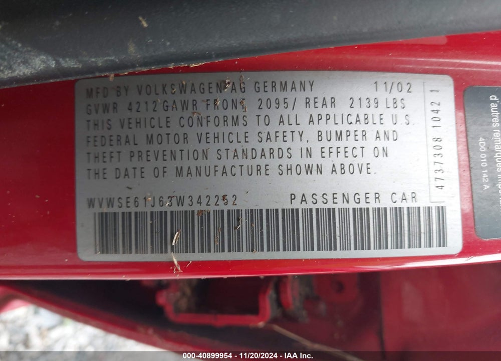 2003 VOLKSWAGEN JETTA GLS 1.8T VIN: WVWSE61J63W342252