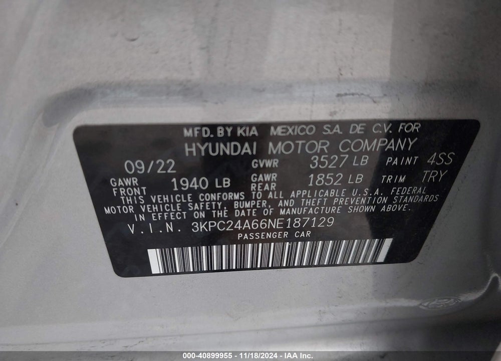 2022 HYUNDAI ACCENT SE VIN: 3KPC24A66NE187129