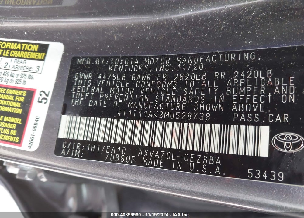 2021 TOYOTA CAMRY SE VIN: 4T1T11AK3MU528738
