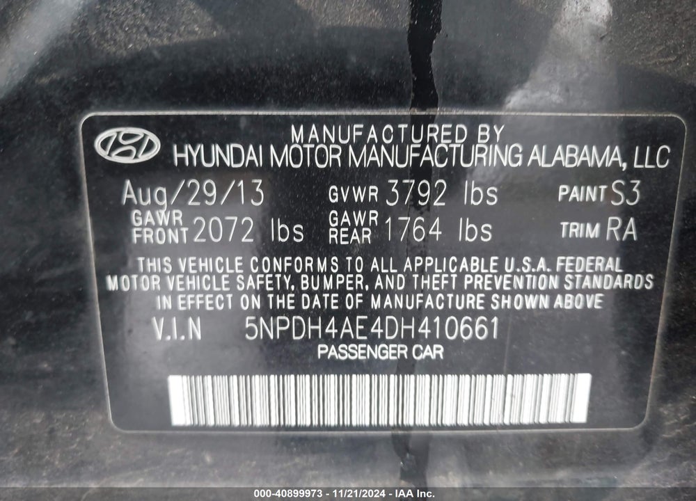 2013 HYUNDAI ELANTRA GLS VIN: 5NPDH4AE4DH410661