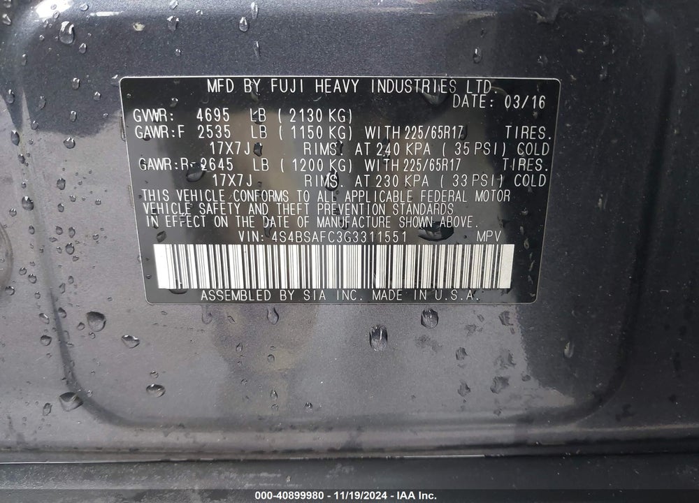 2016 SUBARU OUTBACK 2.5I PREMIUM VIN: 4S4BSAFC3G3311551
