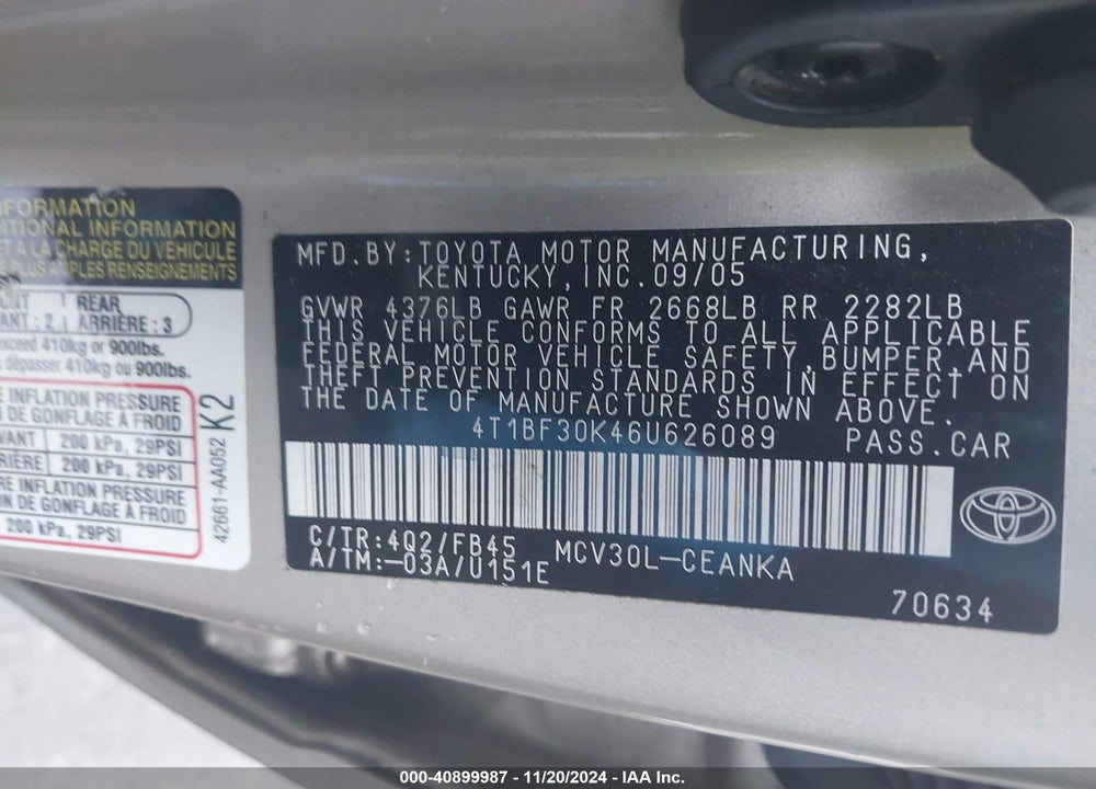 2006 TOYOTA CAMRY LE V6 VIN: 4T1BF30K46U626089