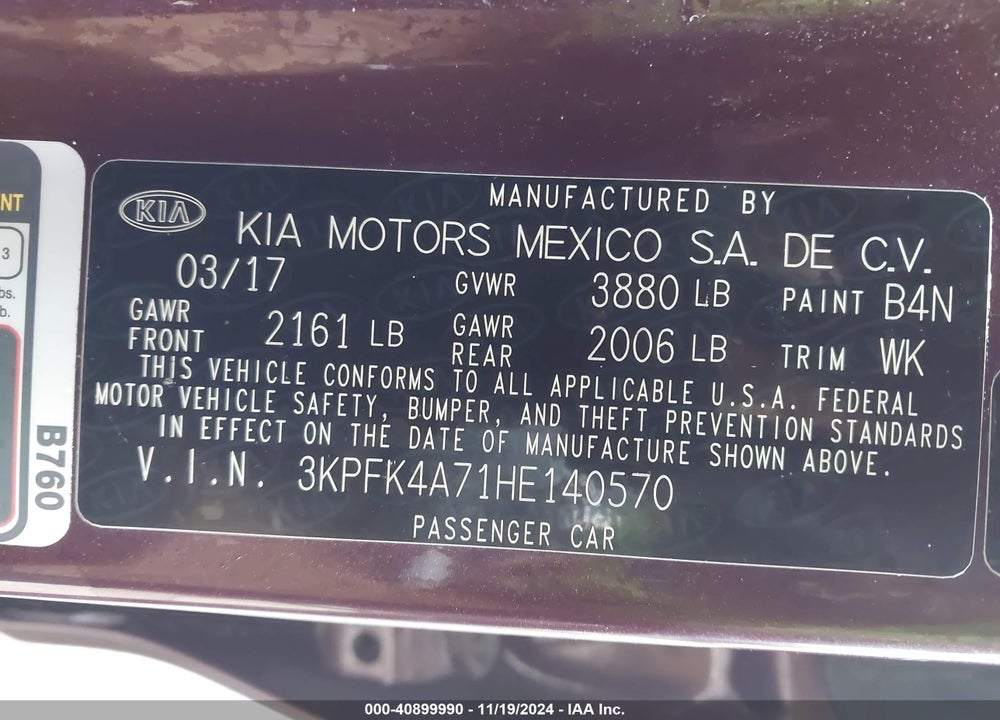 2017 KIA FORTE LX VIN: 3KPFK4A71HE140570