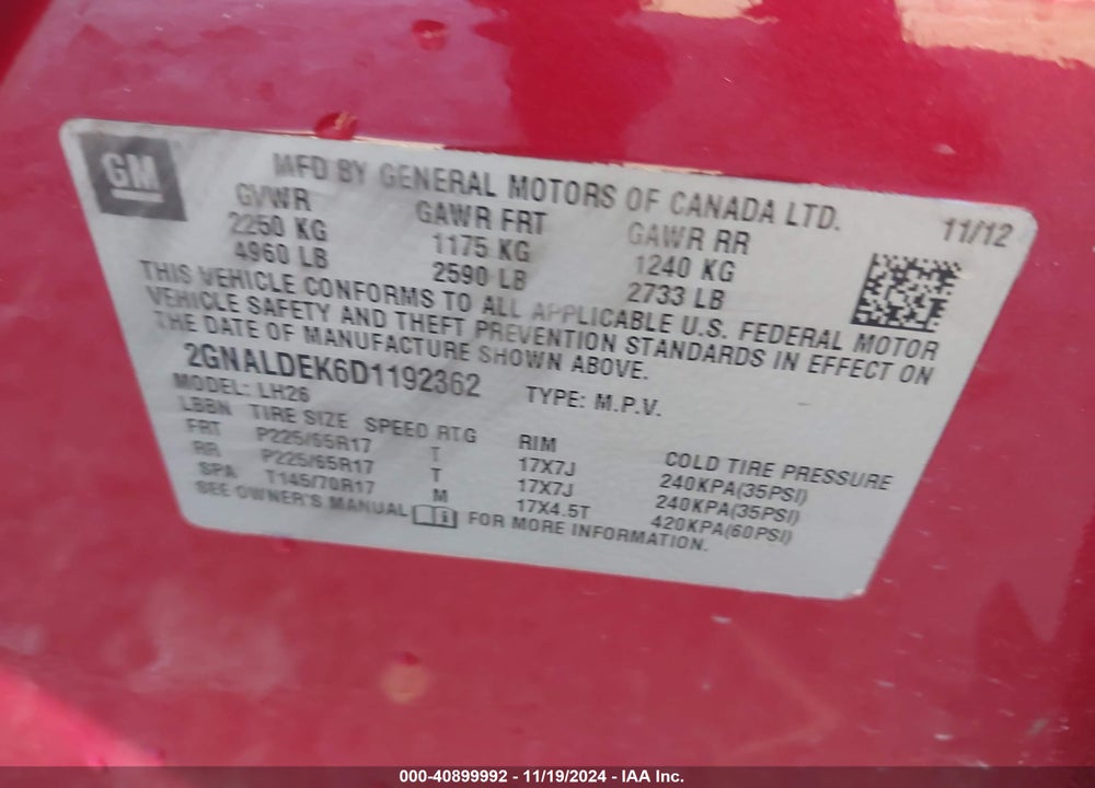 2013 CHEVROLET EQUINOX 1LT VIN: 2GNALDEK6D1192362