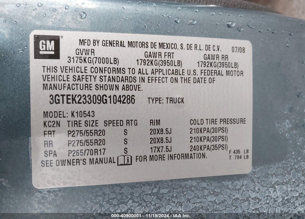 2009 GMC SIERRA 1500 SLE VIN: 3GTEK23309G104286