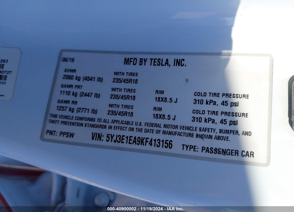 2019 TESLA MODEL 3 VIN: 5YJ3E1EA9KF413156