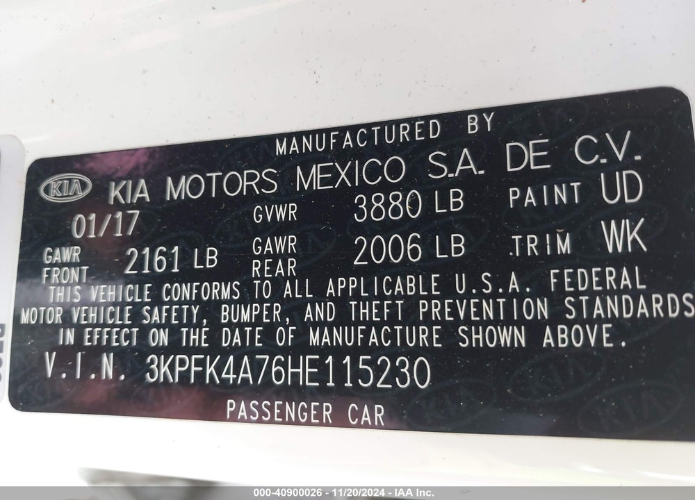2017 KIA FORTE LX VIN: 3KPFK4A76HE115230