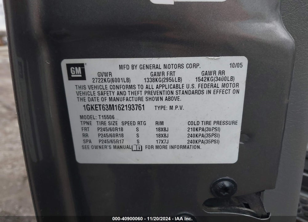2006 GMC ENVOY DENALI VIN: 1GKET63M162193761