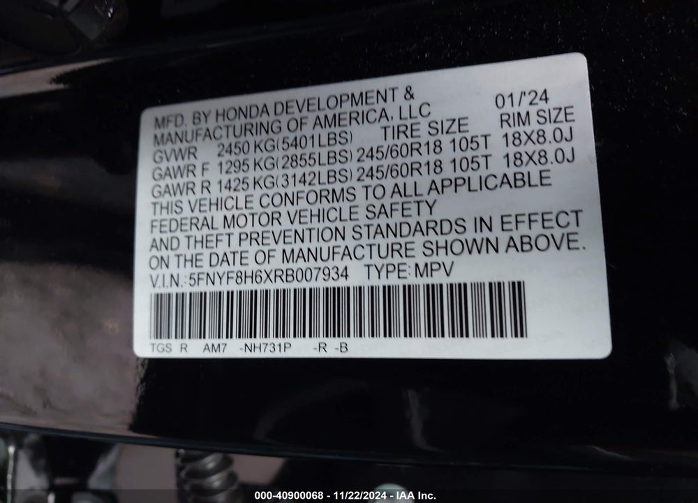 2024 HONDA PASSPORT AWD TRAILSPORT VIN: 5FNYF8H6XRB007934