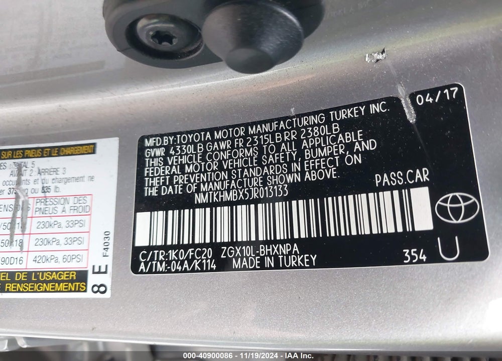 2018 TOYOTA C-HR XLE PREMIUM VIN: NMTKHMBX5JR013133