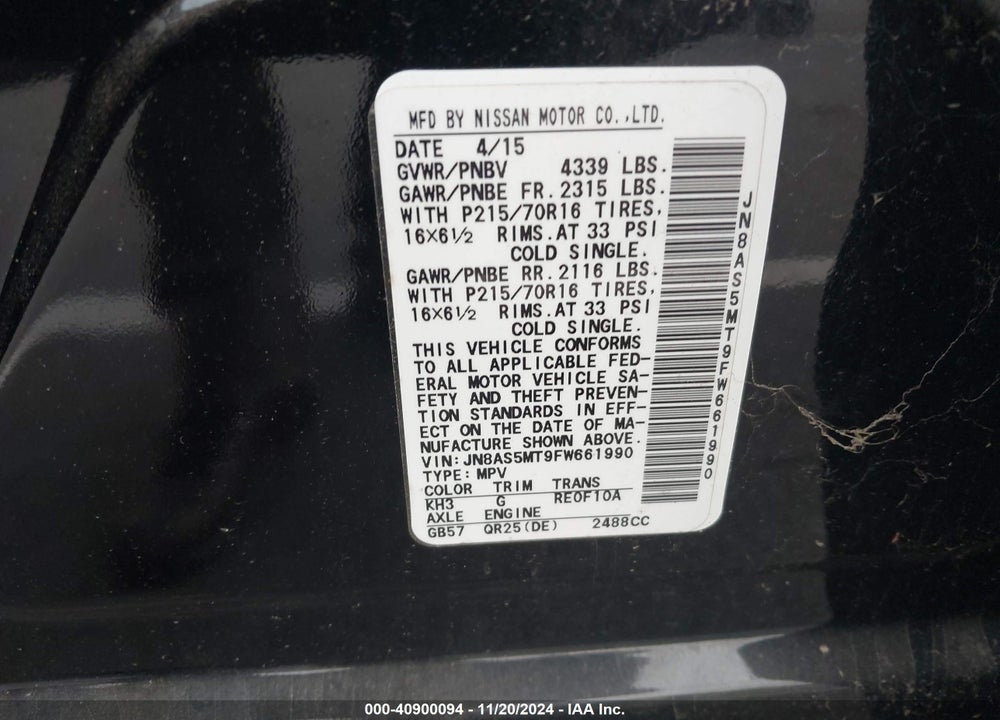 2015 NISSAN ROGUE SELECT S VIN: JN8AS5MT9FW661990