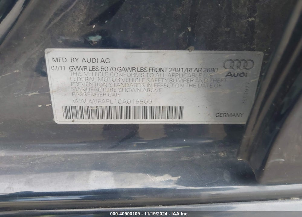 2012 AUDI A4 2.0T PREMIUM VIN: WAUWFAFL1CA016509