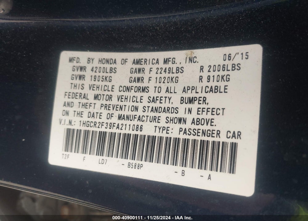 2015 HONDA ACCORD LX VIN: 1HGCR2F39FA211086