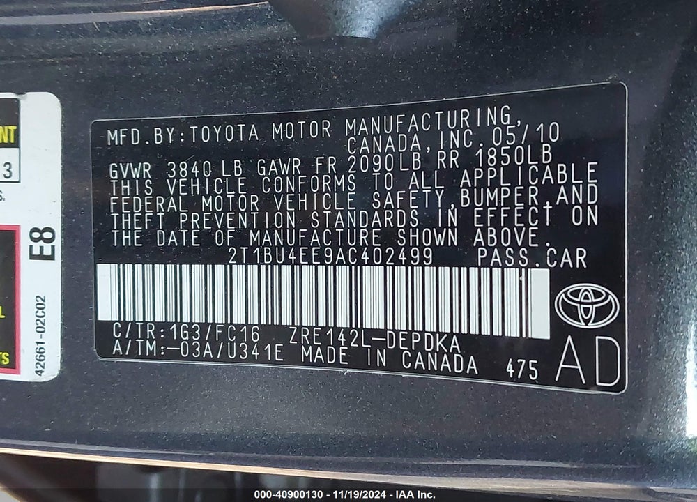 2010 TOYOTA COROLLA LE VIN: 2T1BU4EE9AC402499