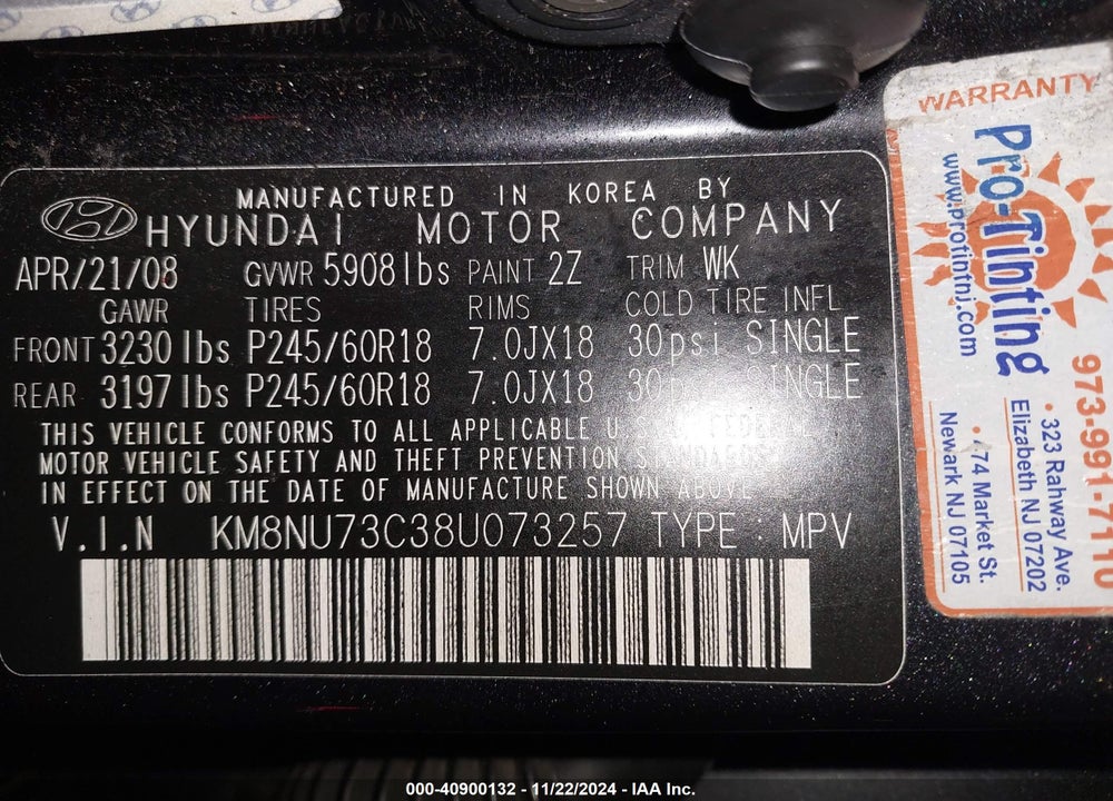 2008 HYUNDAI VERACRUZ GLS/LIMITED/SE VIN: KM8NU73C38U073257