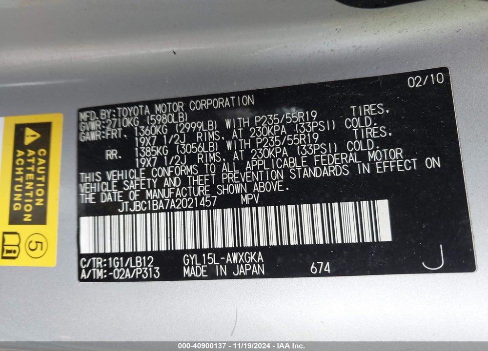 2010 LEXUS RX 450H VIN: JTJBC1BA7A2021457