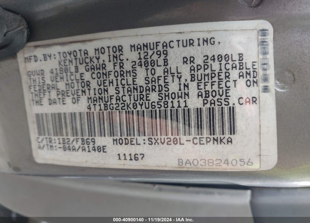 2000 TOYOTA CAMRY LE VIN: 4T1BG22K0YU658111